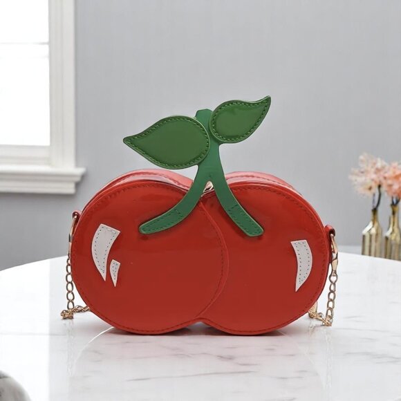 Cherry Red Mini Shoulder Bag Green Leaf Chain Strap - Picture 3 of 10